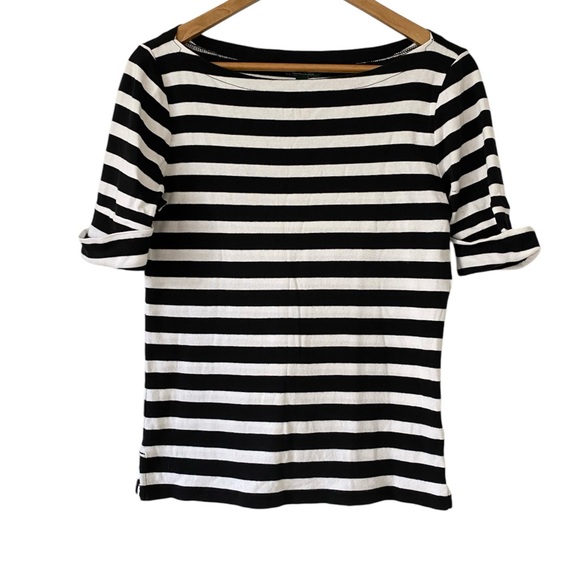 Lauren Ralph Lauren Black and White Stripped Shortsleeved Top, Size M - Picture 1 of 10